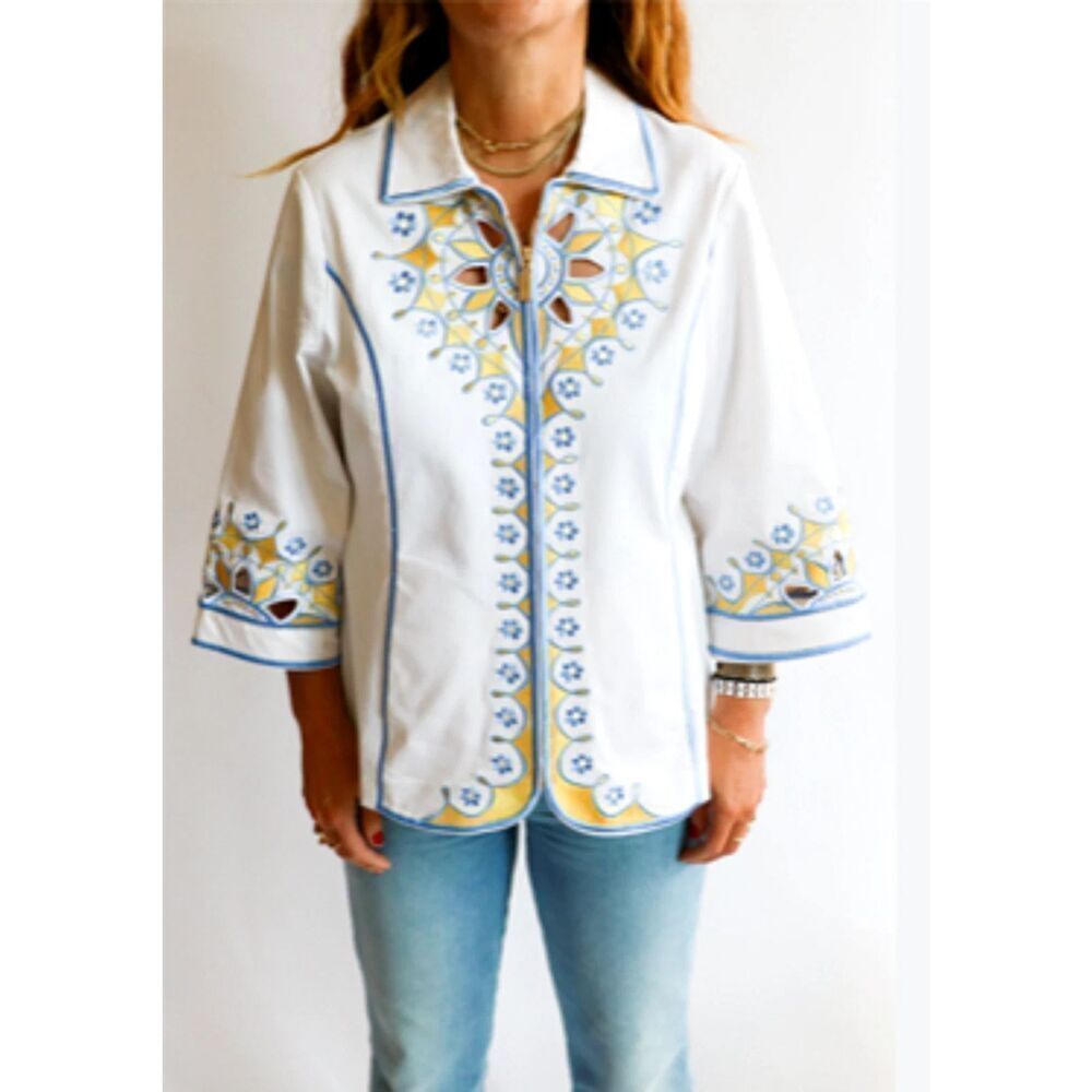 Bob Mackie Wearable Art White Jacket Zip Up Embroidered Laser Cut Blue Yellow 2X